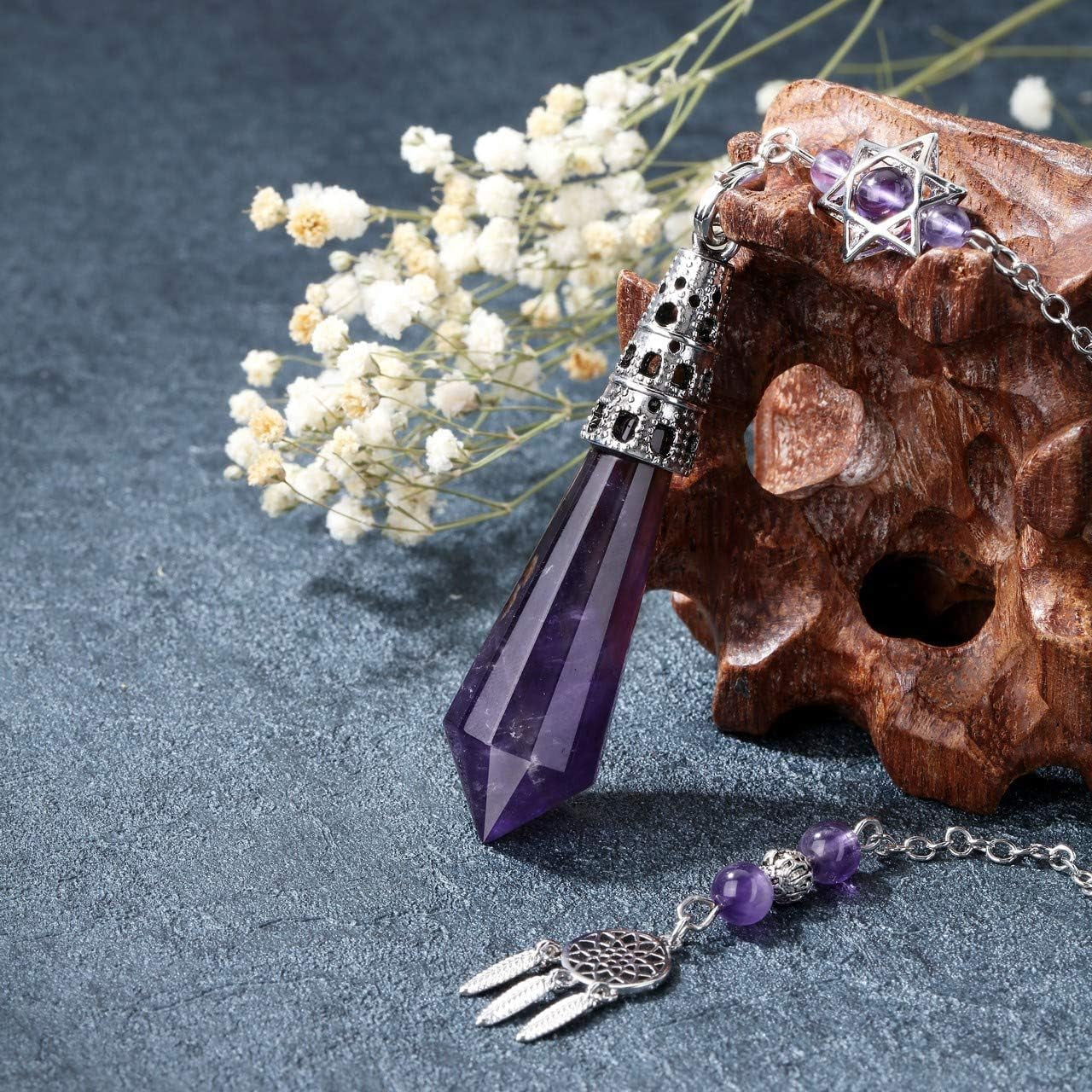 Natural Amethyst Crystal Dowsing Pendulum 12 Facet Reiki Healing Crystal Gemstone Point Pendulums for Divination Wicca Meditation Crystal Therapy